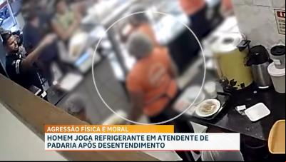 Câmeras flagram momento em que cliente joga refrigerante em atendente de padaria em SL